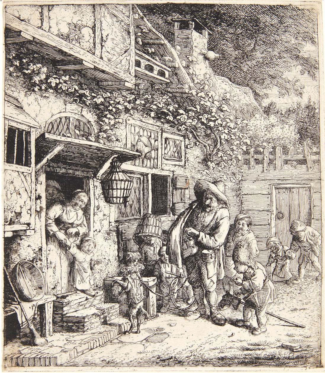 Drehorgelspieler mit einem tanzenden Hund von Cornelis Dusart