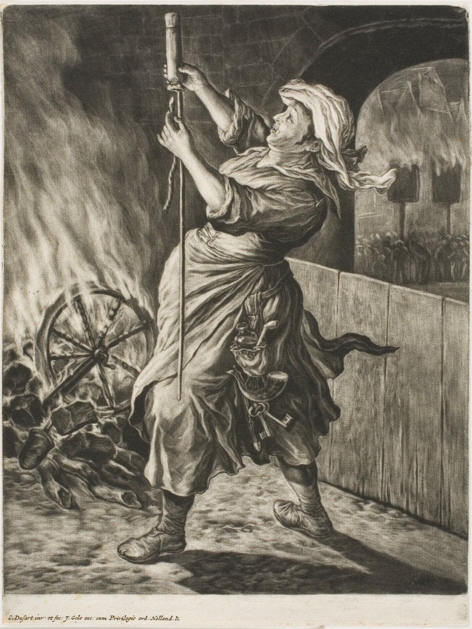 Frau zündet eine Rakete an, auch genannt Frieden bringt mich in Schwung, aus Communia Gaudia (Die weit verbreitete Freude bei der Belagerung von Namur) von Cornelis Dusart