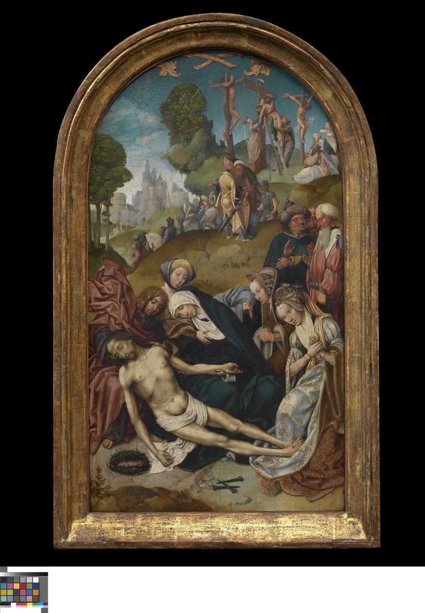 Die Beweinung; im Hintergrund die Kreuzabnahme von Cornelis Engebrechtsz.