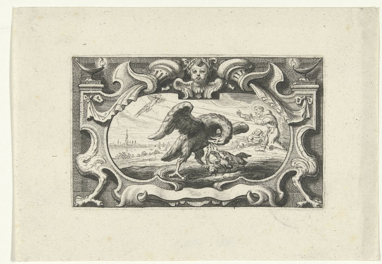 Vignette mit Pelikan, der seine Jungen mit eigenem Blut füttert von Cornelis Galle (II) (attributed to)