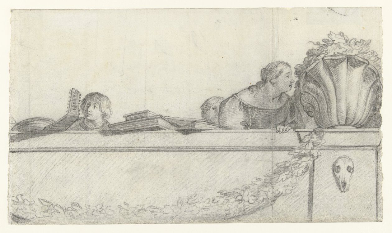 Personen auf einer Balustrade mit Festons (Entwürfe für Wandmalereien im Schloss Honselaersdijk) (Serientitel) von Cornelis Holsteyn