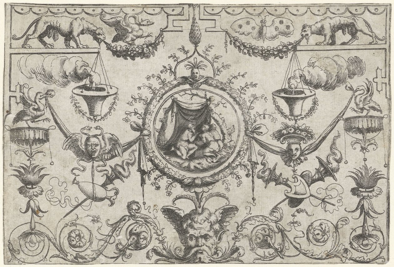 Ornament mit drei Figuren, die unter einem Tuch knien von Cornelis Massijs (attributed to)