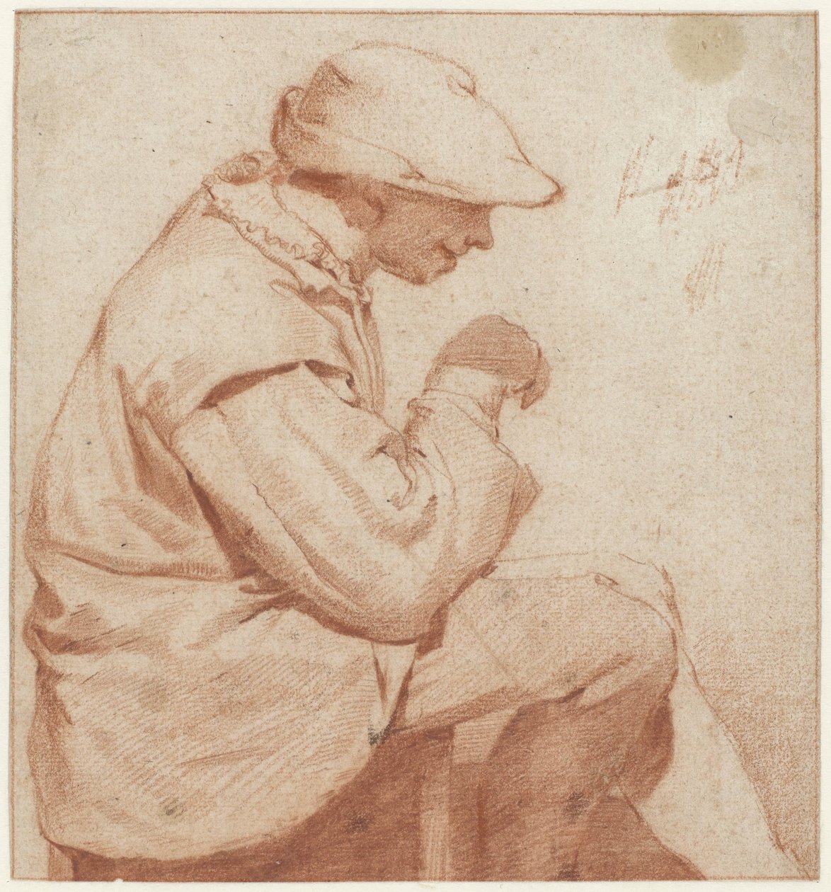 Sitzender Mann mit weicher Kappe, im Profil nach rechts, mit erhobener rechter Hand von Cornelis Pietersz. Bega (attributed to)