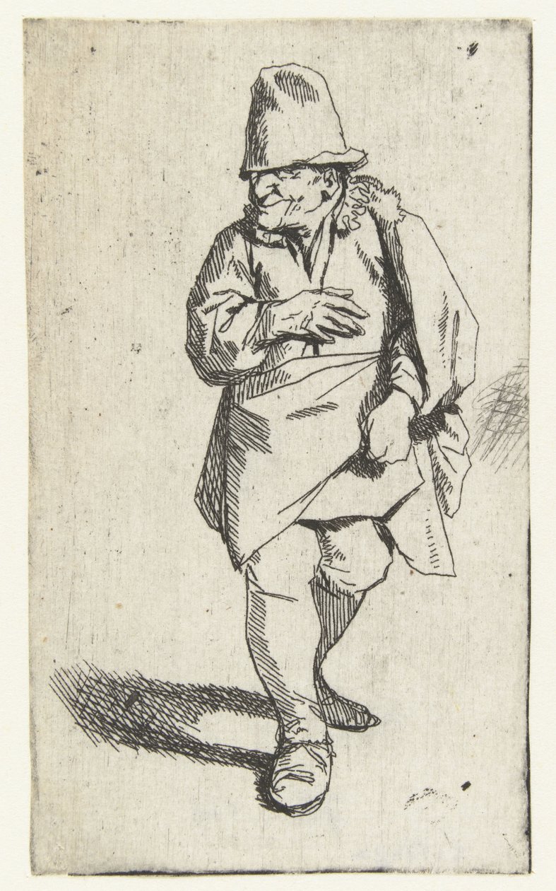 Stehender Mann mit hohem Hut oder Mütze, rechte Hand vor der Brust von Cornelis Pietersz. Bega