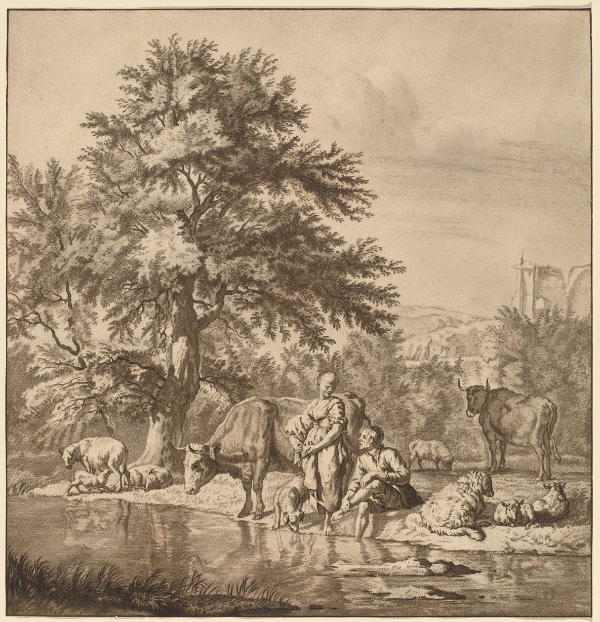 Hirte und Hirtin mit ihrer Herde von Cornelis Ploos van Amstel after Adriaen