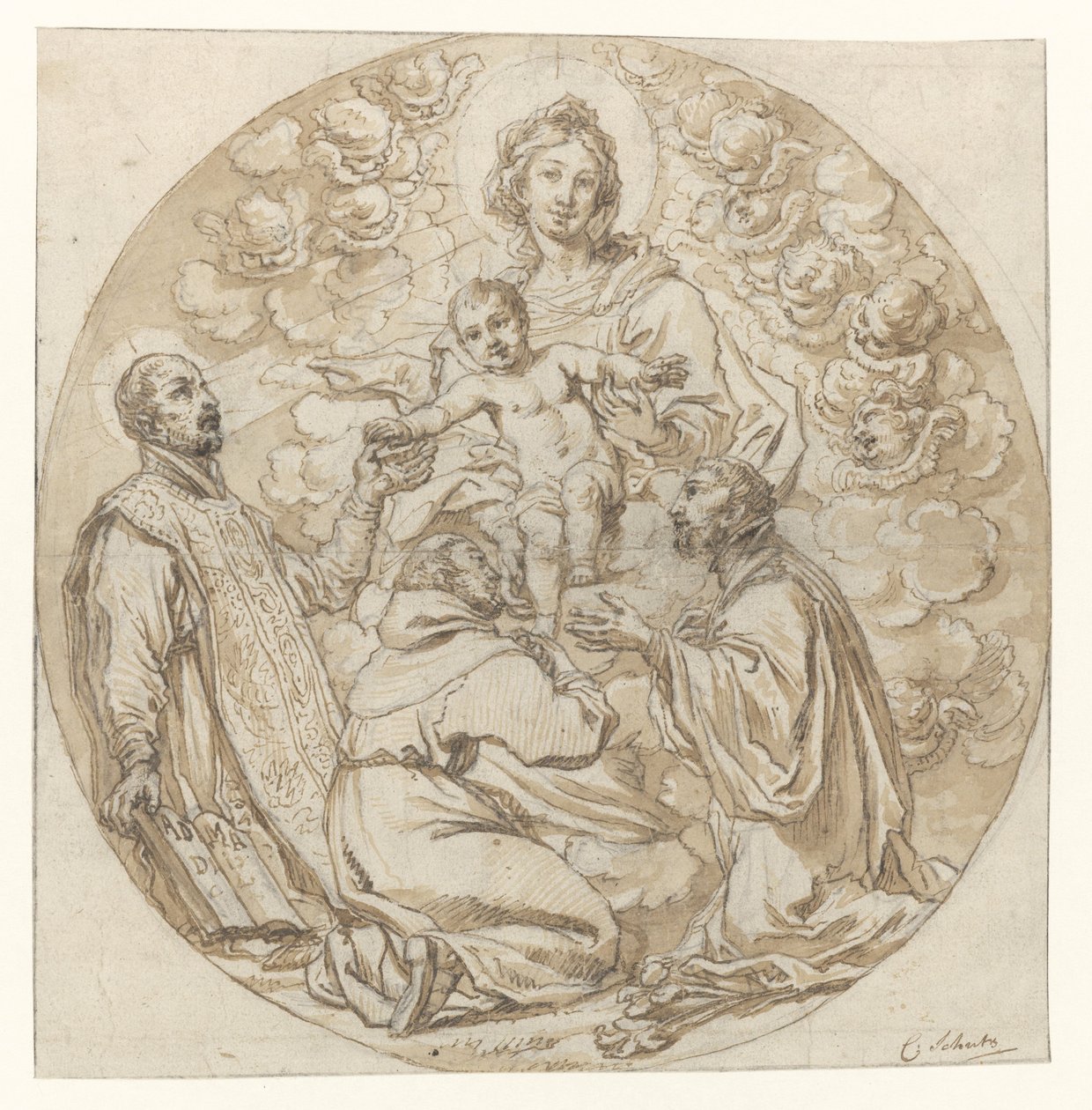 Maria mit Kind, verehrt von H. Ignatius von Loyola, H. Franz Xaver und heiligem Mönch von Cornelis Schut (I)