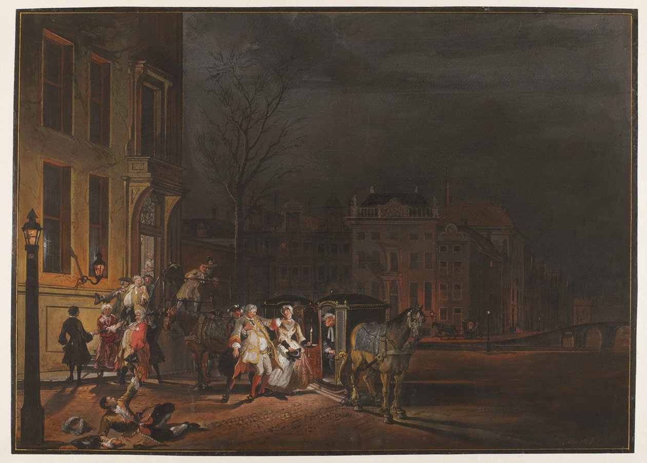 Der Aufbruch einer Gesellschaft angesehener Herren nach einem fröhlichen Abend von Cornelis Troost