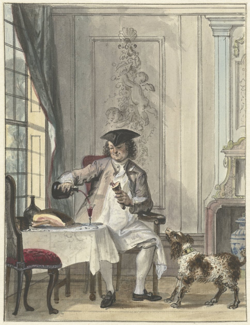 Mann beim Essen mit einem Glas Wein und einem Knochen von Cornelis Troost