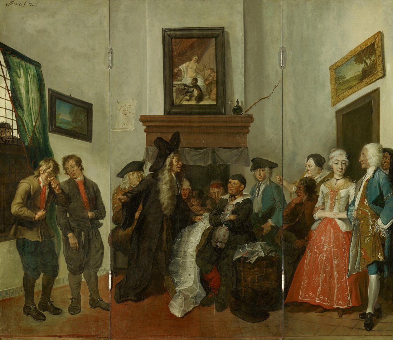 Triptychon darstellend das Bauerngericht aus dem Lustspiel "Beslikte Swaantje" von Cornelis Troost