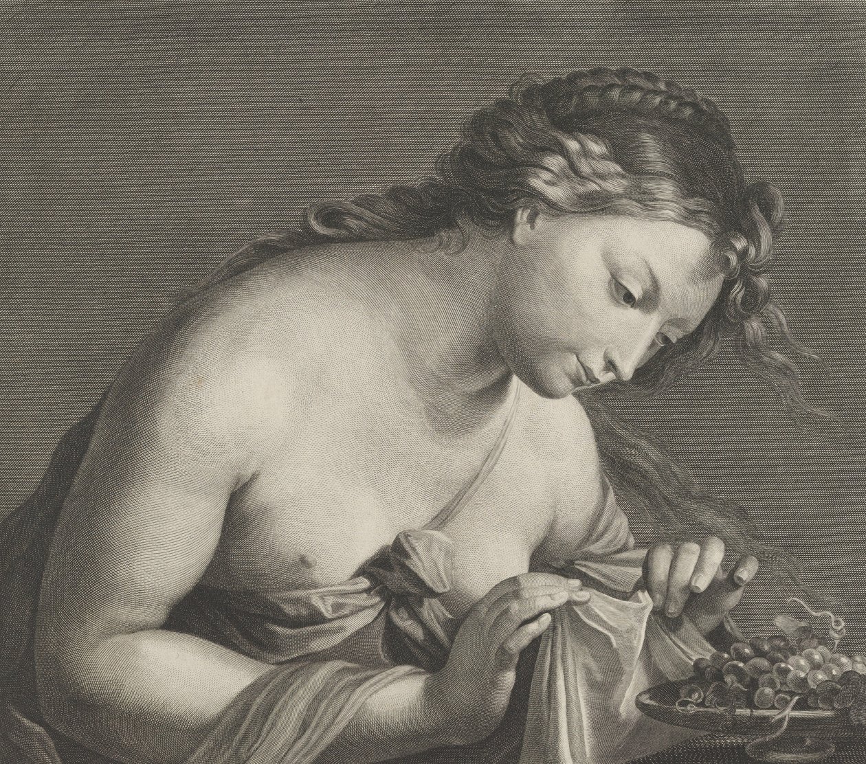 Erigone beugt sich über eine Schale mit Trauben und hebt ein Stück Stoff mit beiden Händen, ca. 1700 von Cornelis Vermeulen
