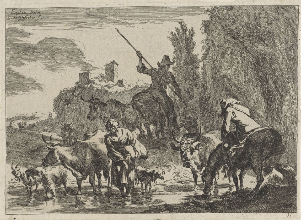 Hirten mit Vieh durchwaten einen Bach (Landschaften) von Cornelis Visscher (II)