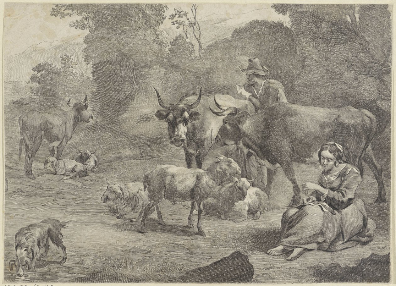 Landschaft mit einem Hirten und einer nähenden Hirtin von Cornelis Visscher (II)