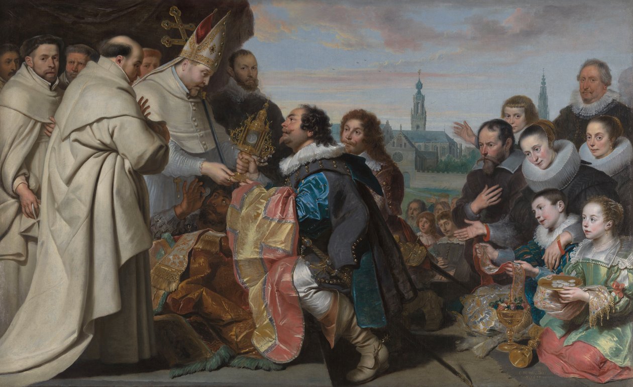 Die Rückgabe der Kirchenschätze an den Heiligen Norbert nach der Niederlage des Ketzers Tankelin, mit einem Porträt der Familie Snoeck von Cornelis de Vos