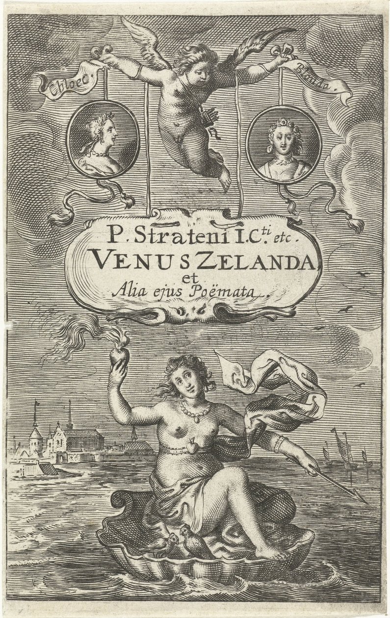 Venus auf Muschel mit brennendem Herz und Pfeil treibt vor der Küste von Zeeland, darüber zwei Medaillons mit Porträts von Cloës und Blondae und Kartusche mit Titel gehalten von Amor von Cornelis van Dalen (I)