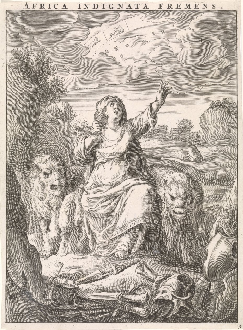 Weibliche Personifikation des Kontinents Afrika als Frau mit Löwenfell zwischen Löwen sitzend von Cornelis van Dalen (II)
