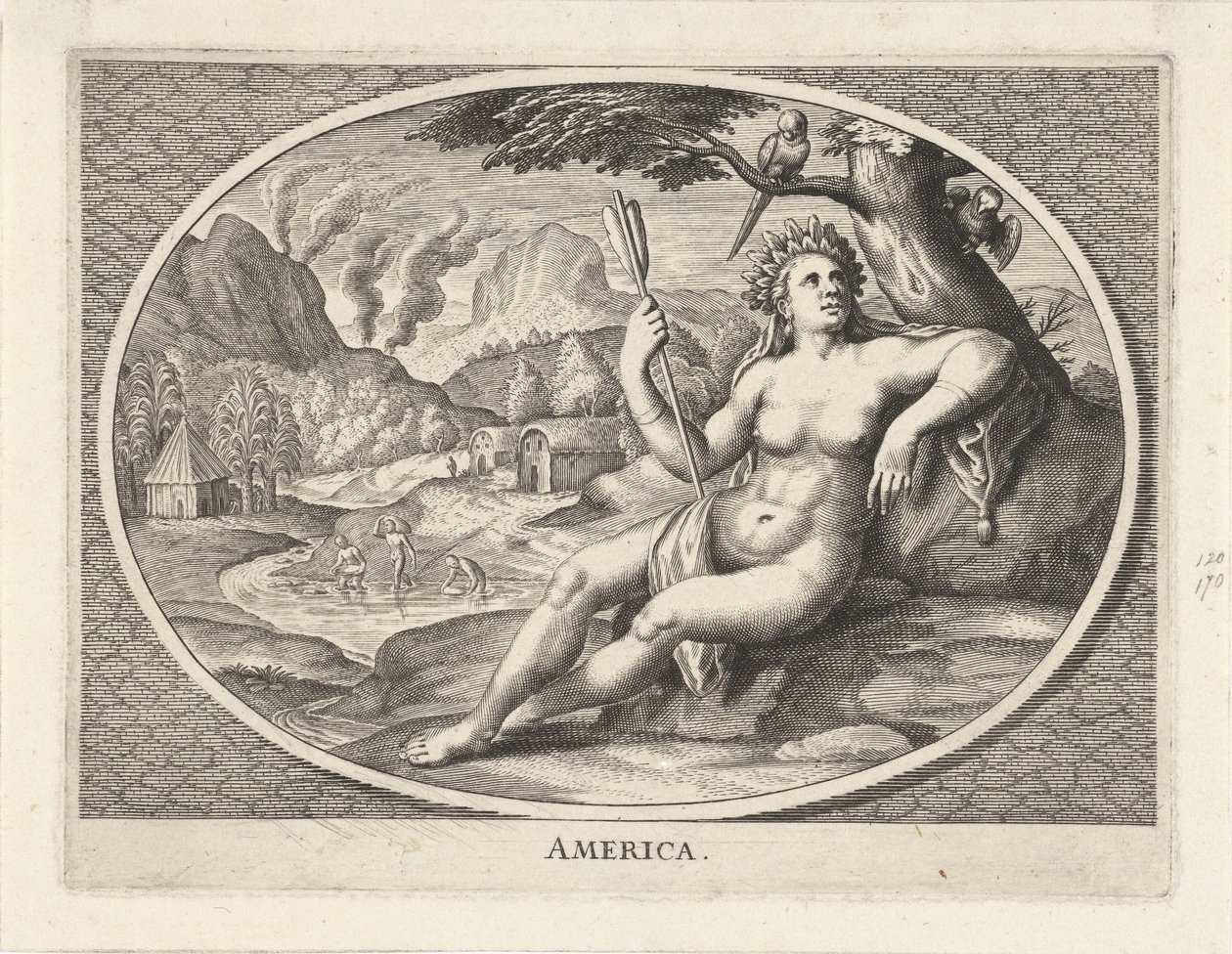 Weibliche Personifikation des Kontinents Amerika als Frau mit Federschmuck und Pfeil in einer Landschaft von Cornelis van Dalen (II)
