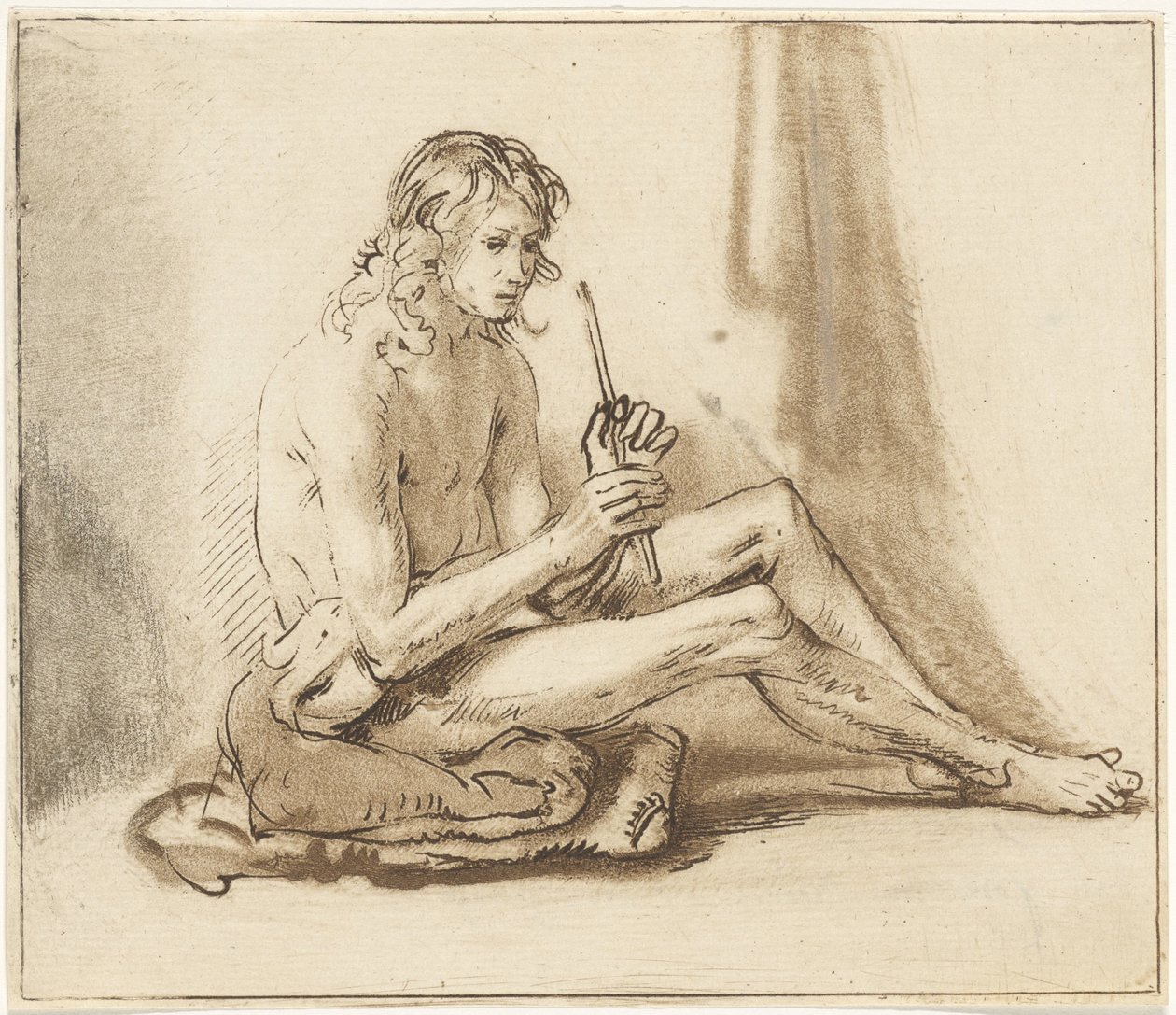 Sitzender nackter Mann mit Flöte von Cornelis van Noorde