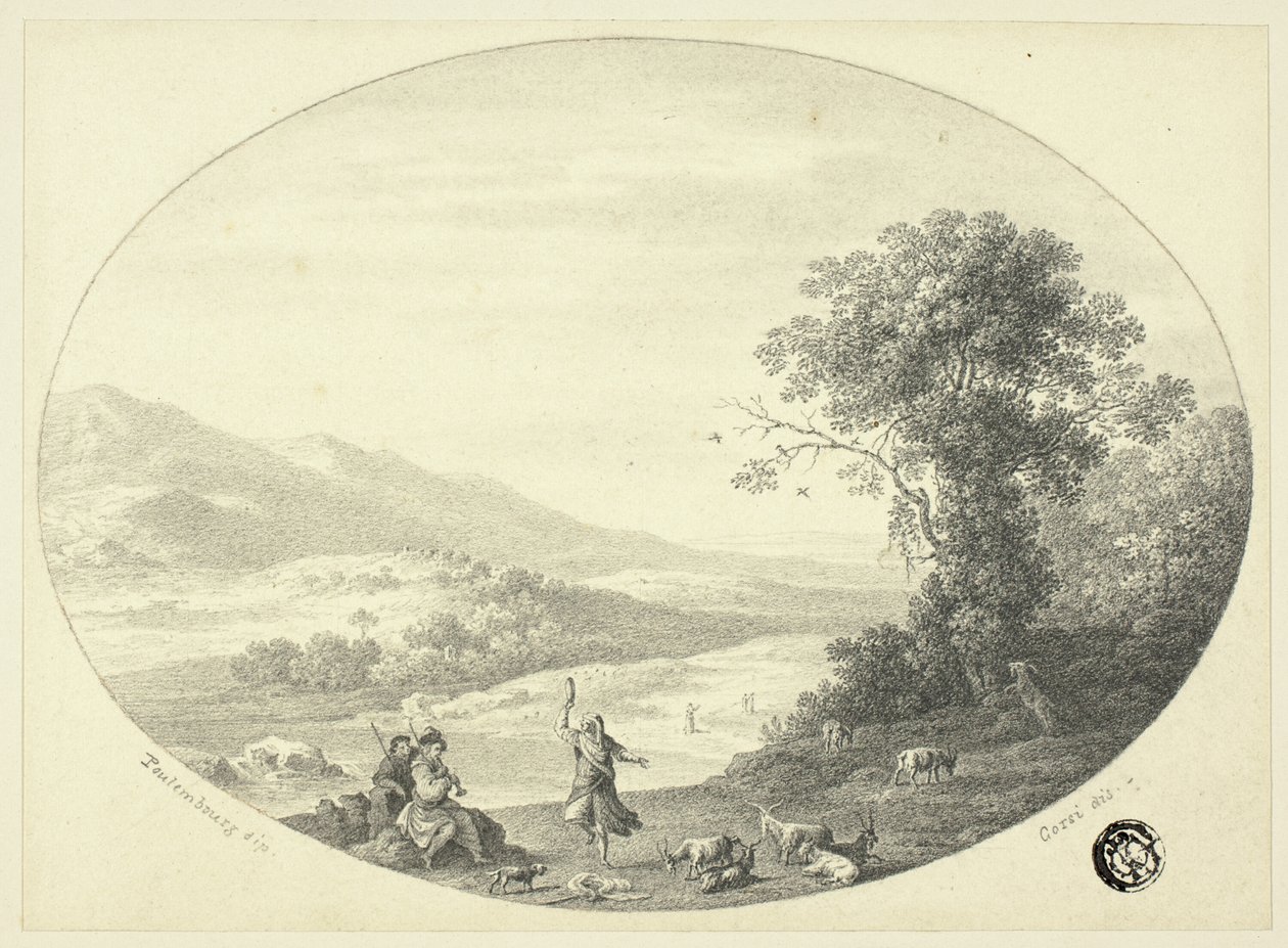 Italienische Landschaft mit Tänzer, Musikern und Ziegen von Cornelis van Poelenburgh