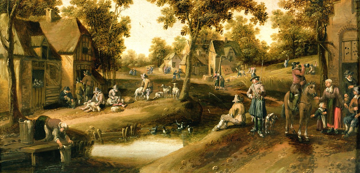 Dorfszene mit Bauern an den Ufern eines Baches von Joost Cornelisz. Droochsloot