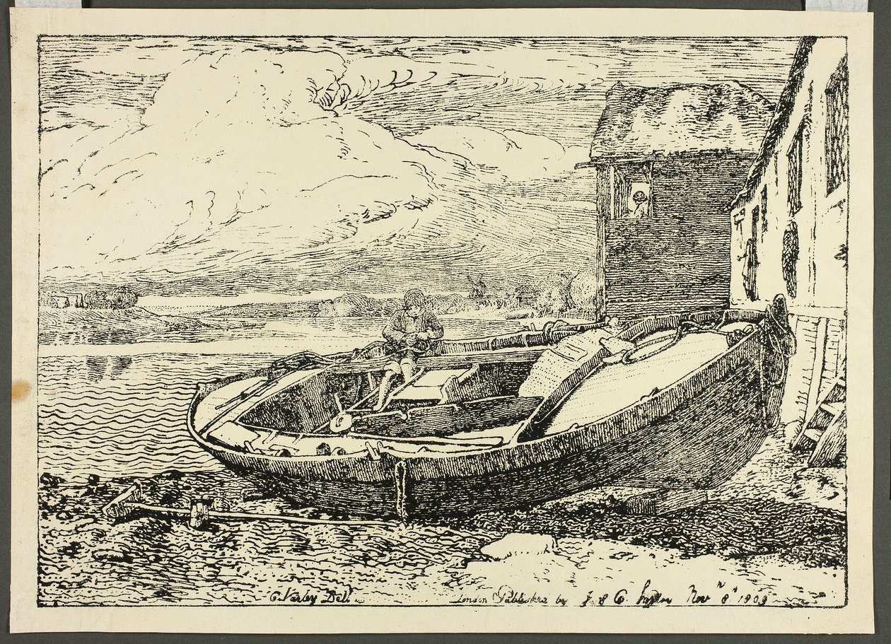 Ein Junge sitzt auf einem aufgebockten Schiff von Cornelius Varley