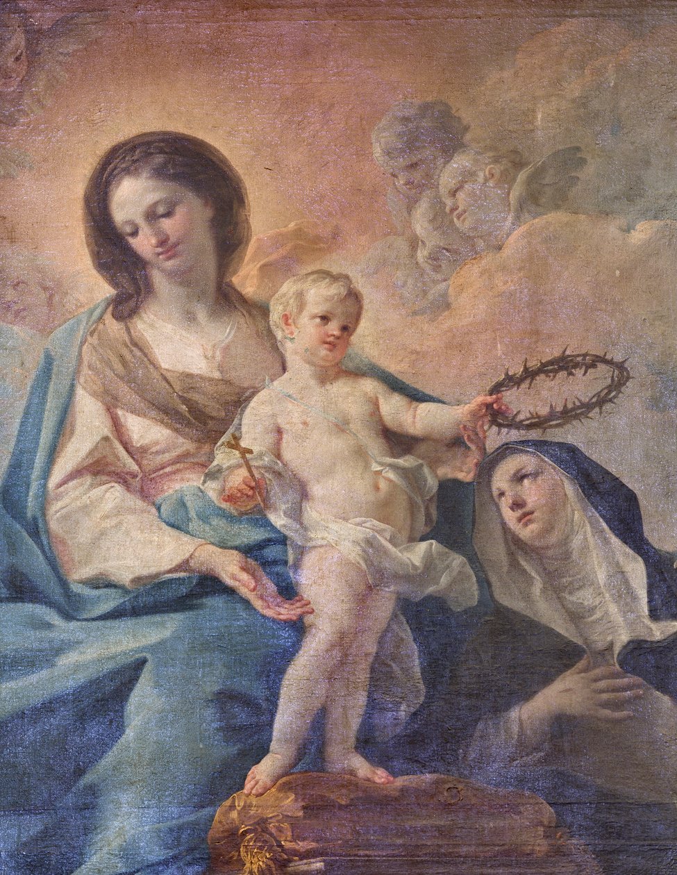 Kirche des SS Salvatore, Altar des Rosenkranzes, Unsere Liebe Frau vom Rosenkranz, Leinwand von Corrado Giaquinto (Detail), Poggiardo, Lecce, Apulien von Corrado Giaquinto