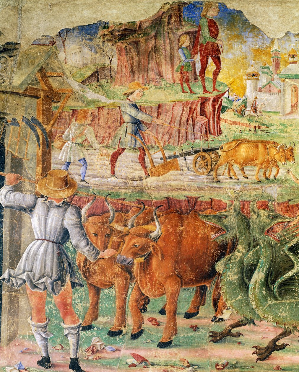 Landwirtschaftliches Bild, Detail aus Triumph der Ceres, Szene aus dem Monat August, ca. 1470, zugeschrieben Cosimo Tura und Meister von Ercole, Fresko, Nordwand, Halle der Monate, Palazzo Schifanoia, Ferrara, Emilia-Romagna, Italien von Cosimo (attr. to) Tura