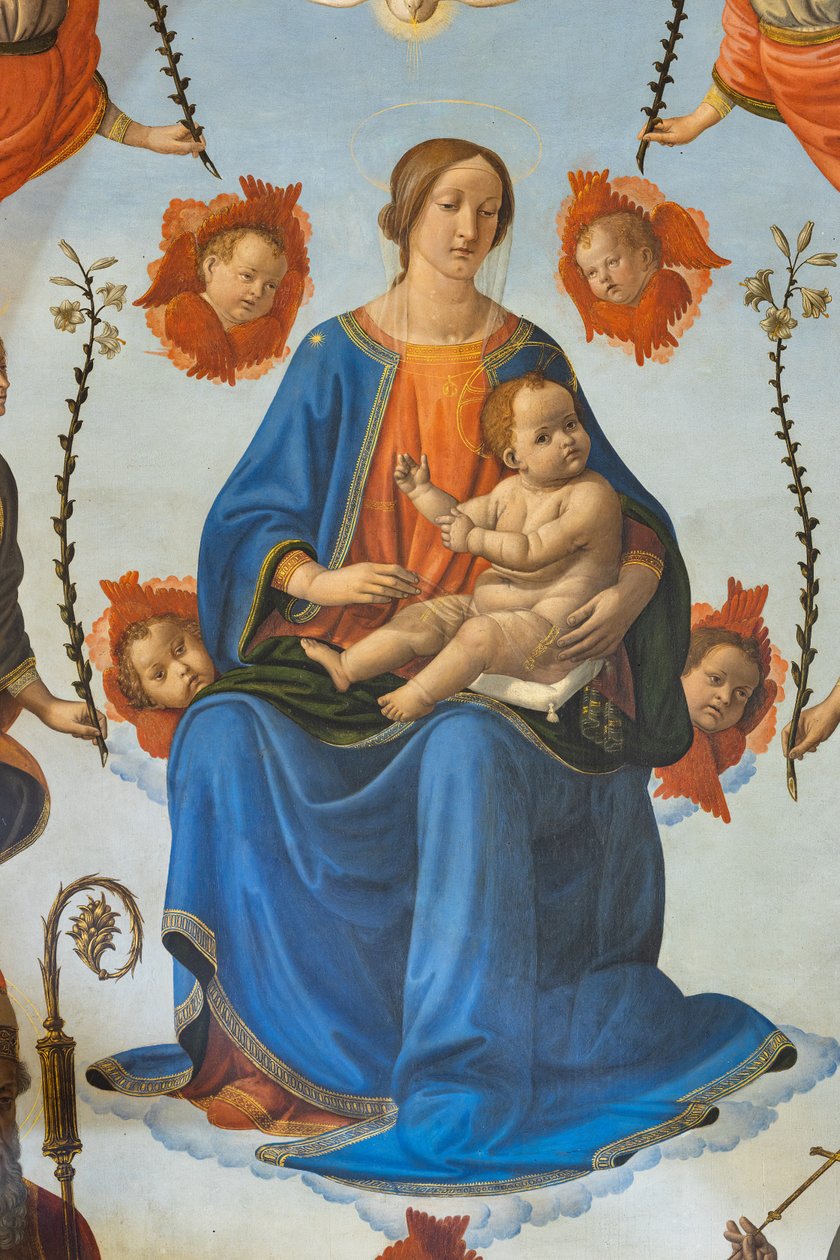 Madonna mit Kind in Herrlichkeit, Heiliger Ambrosius, Heiliger Franz von Assisi, Gottvater und Engel, Altarbild, Detail (Fresko) von Cosimo Rosselli