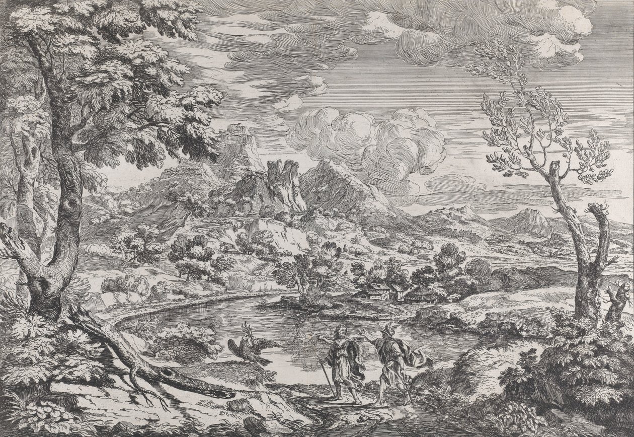 Landschaft mit einem Mann, der Merkur den Adler des Jupiter zeigt, ca. 1695-99 von Crescenzio Onofri