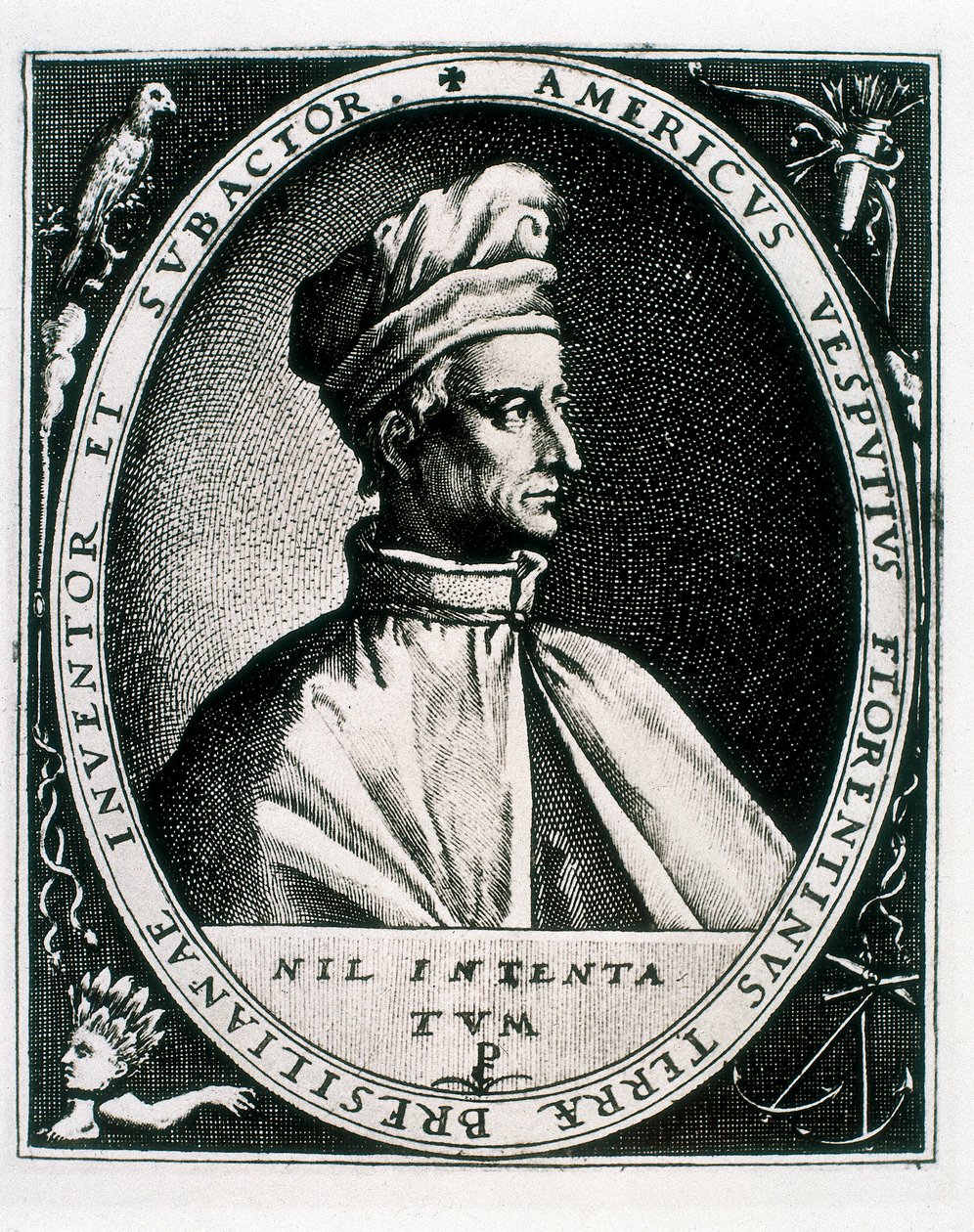Porträt von Amerigo Vespucci, Inschrift "Americus Vesputius Florentinus Terrae Bresilianae Inventoret Subactor" von Crispin I de (after) Passe
