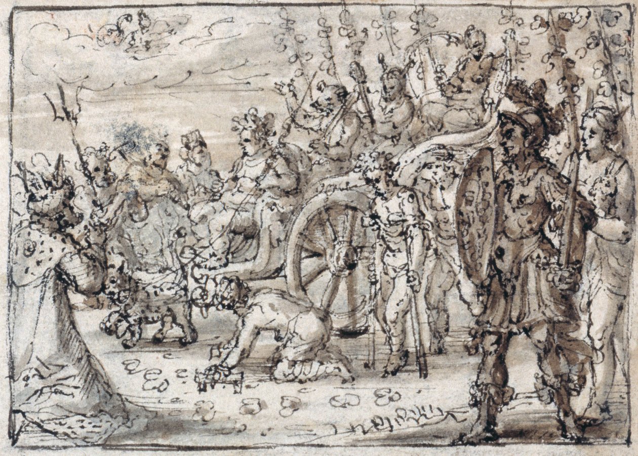 Triumphaler Einzug des indischen Bacchus in Theben (Feder & braune Tinte mit brauner Lavierung auf Papier) von Crispin I de Passe
