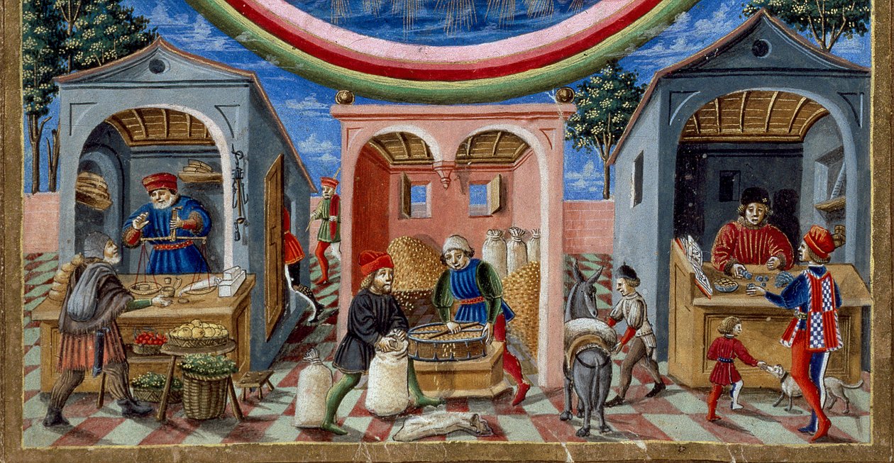 Detail von Händlern, die verschiedene Artikel verkaufen von Cristoforo De Predis