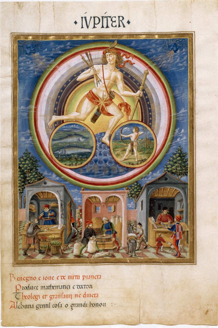 Jupiter mit den Tierkreiszeichen Fische und Schütze. Händler verkaufen verschiedene Gegenstände (Miniatur, ca. 1470) von Cristoforo De Predis