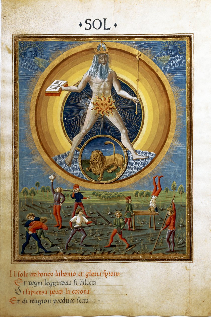Sonne mit dem Tierkreiszeichen des Löwen. Szenen von körperlichen Übungen der Männer. (Miniatur, ca. 1470) von Cristoforo De Predis