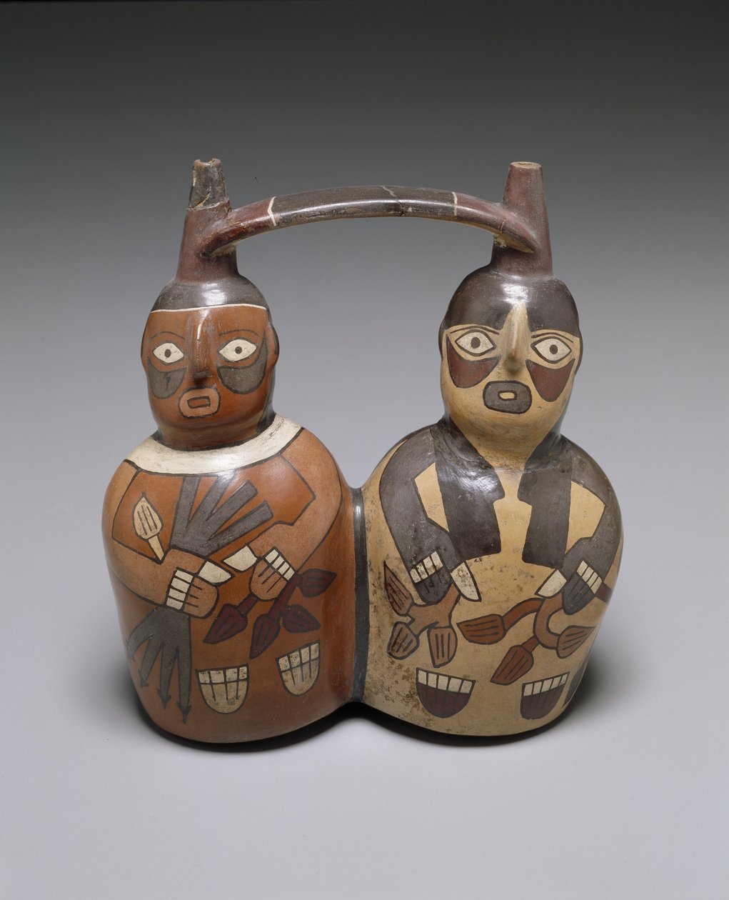 Doppel-Ausguss-Gurtgriff-Gefäß: Zwei Figuren, Mittlere Nazca, 100-150 n. Chr. von Culture Nazca