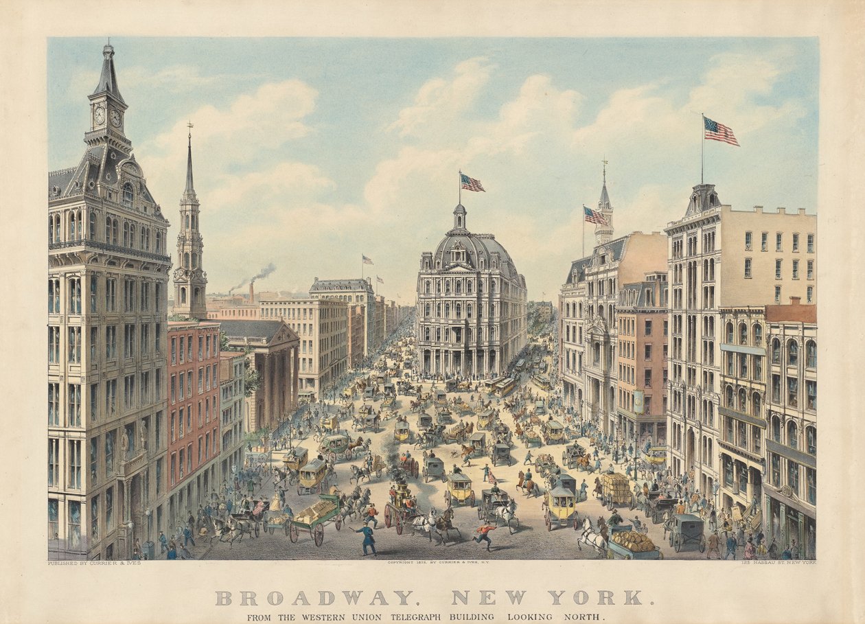 Broadway, New York: Vom Western Union Telegraph Building nach Norden blickend von Currier and Ives
