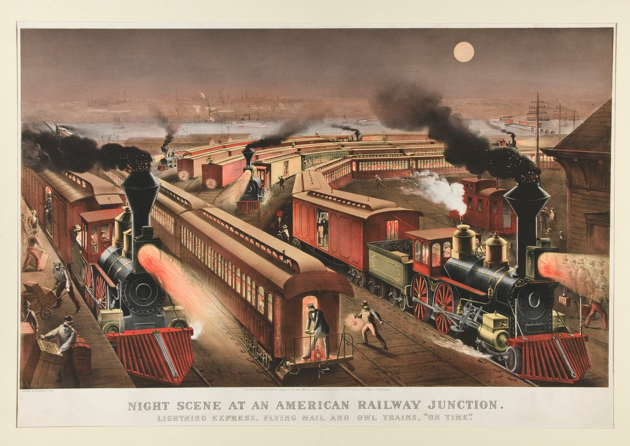 Nachtszene an einem amerikanischen Eisenbahnknotenpunkt von Currier and Ives