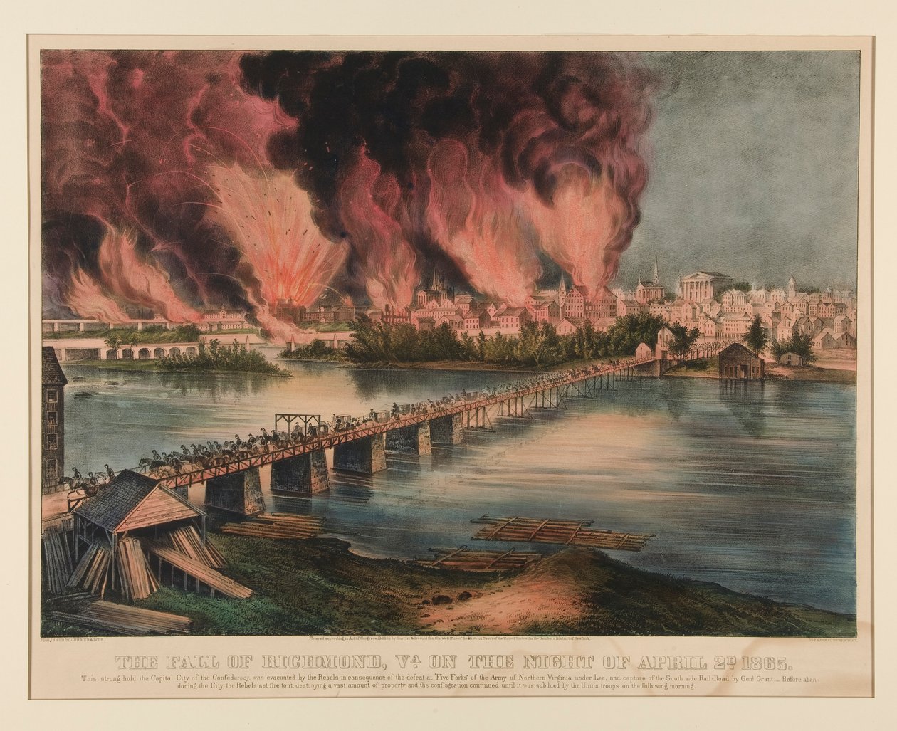 Der Fall von Richmond, Virginia, in der Nacht des 2. April 1865 von Currier and Ives