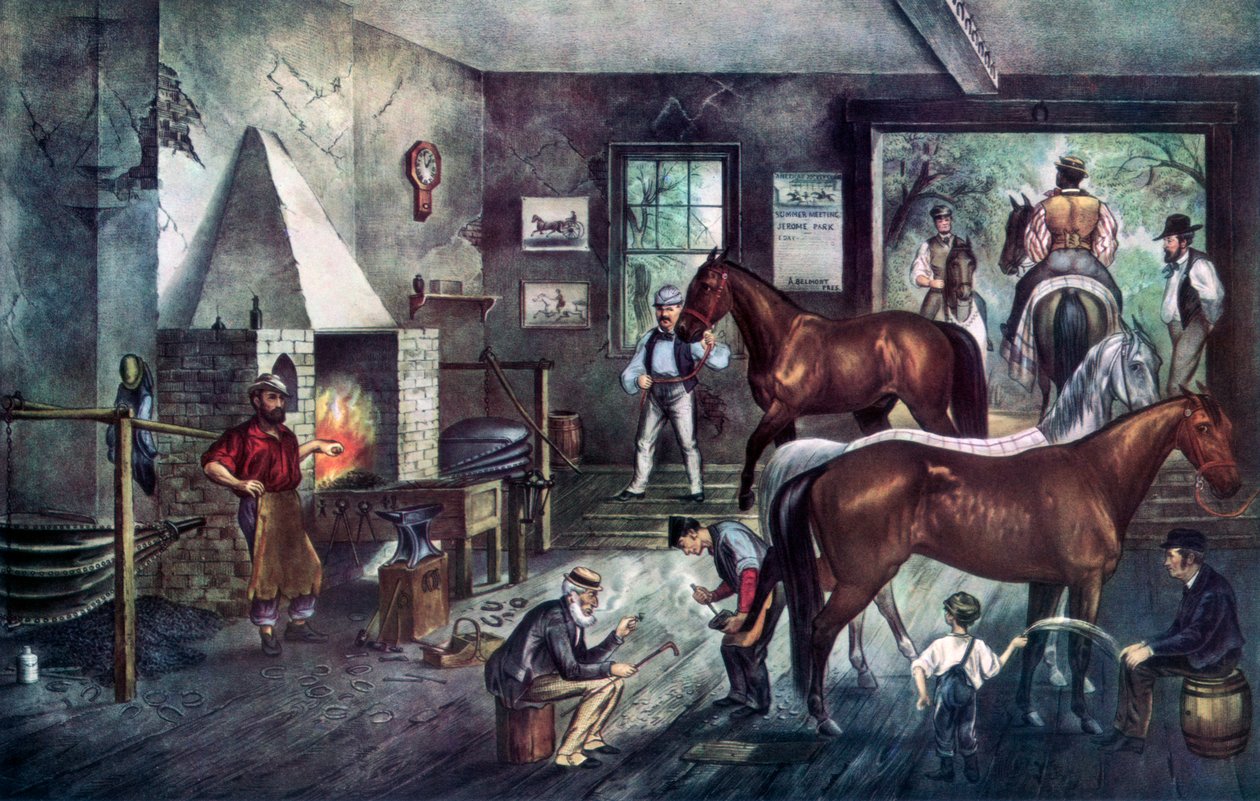 Trabrennpferde bei der Schmiede, 1869 von Currier and Ives