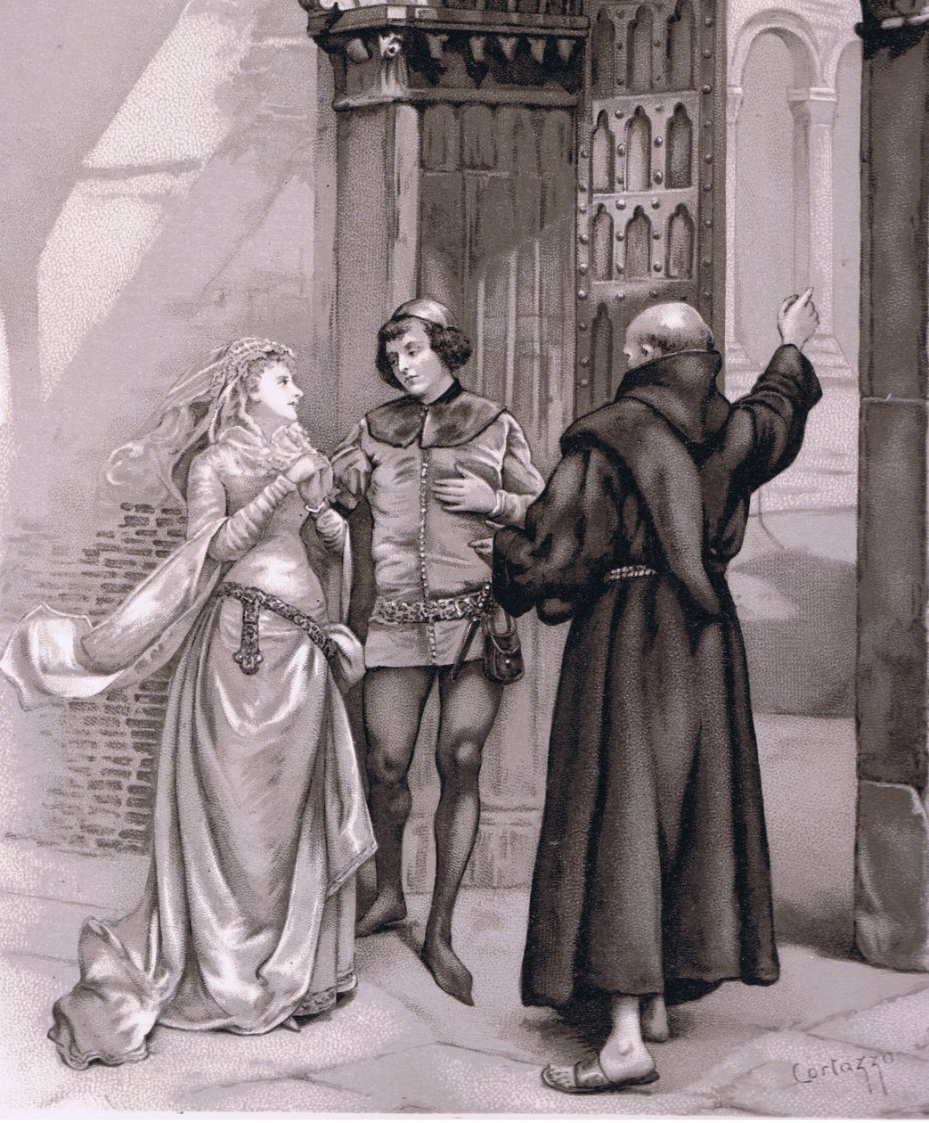Eintritt Pater Laurence und Romeo, Illustration aus Romeo und Julia von Curtazzo Curtazzo