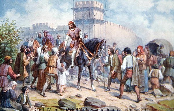 Karl IV. begrüßt einfache Leute während seiner Erweiterung der Befestigungen von Prag im Jahr 1361, frühe 20. Jahrhundert Postkarte von Czech School