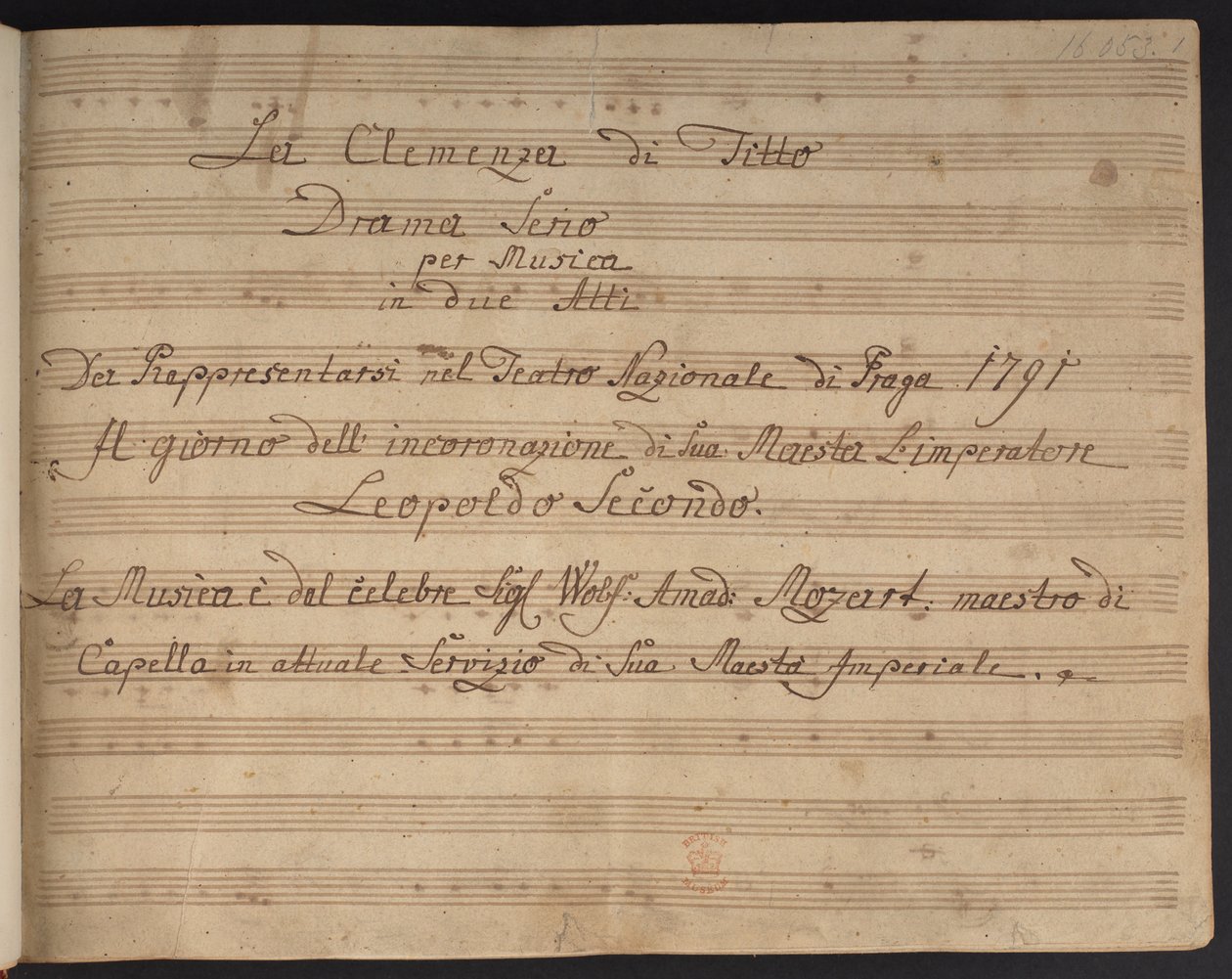 Titelseite der Partitur La Clemenza di Tito von Czech School