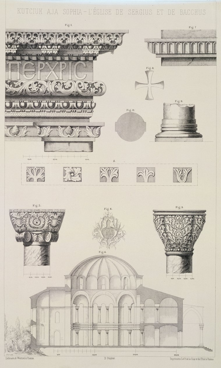 Querschnitt und architektonische Details von Kutciuk Aja Sophia, der Kirche von Sergius und Bacchus, aus 