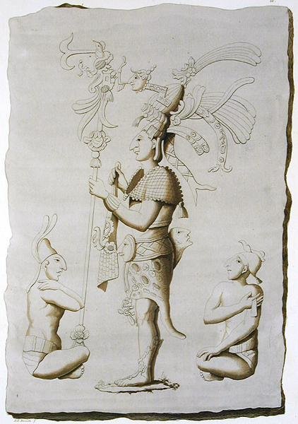 Ein König, Skulptur aus dem Palast, Palenque, Chiapas, Mexiko (Farbstich) von D.K. (after) Bonatti