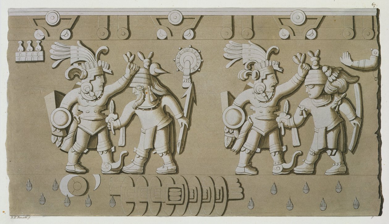 Basrelief antiker aztekischer Krieger, aus dem Stein von Tizoc, der einen Herrscher zeigt, der seine Gefangenen am Kopf hält von D.K. Bonatti
