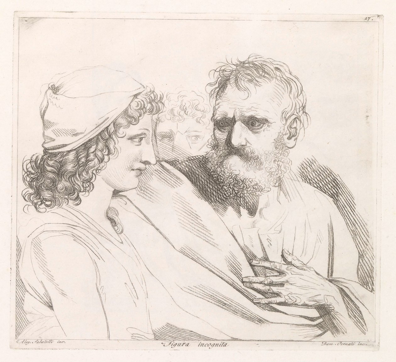 Junger Mann und ein alter Mann mit stechenden Augen, Figura incognita (Titel auf dem Objekt) von Damiano Pernati