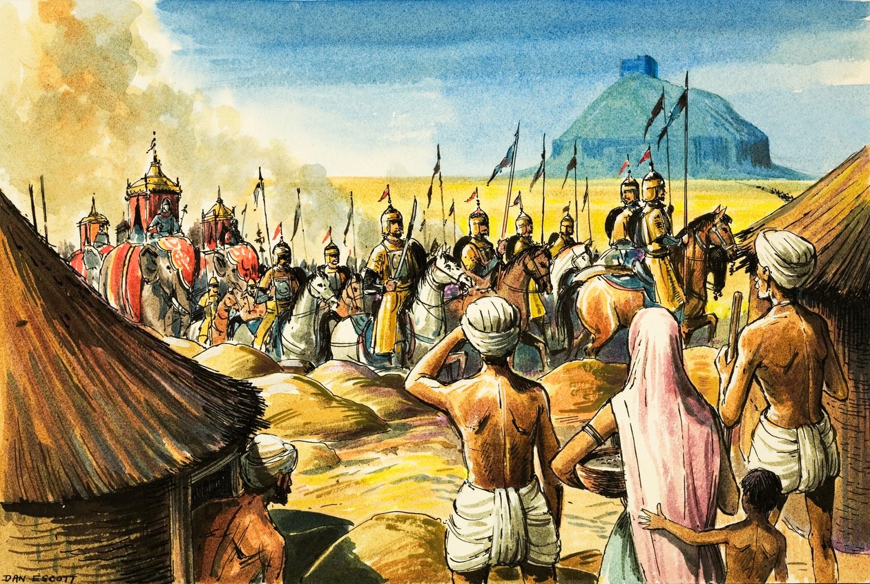 Indische Ureinwohner beobachten, wie eine Prozession von Elefanten und Soldaten sich einer Festung nähert von Dan Escott