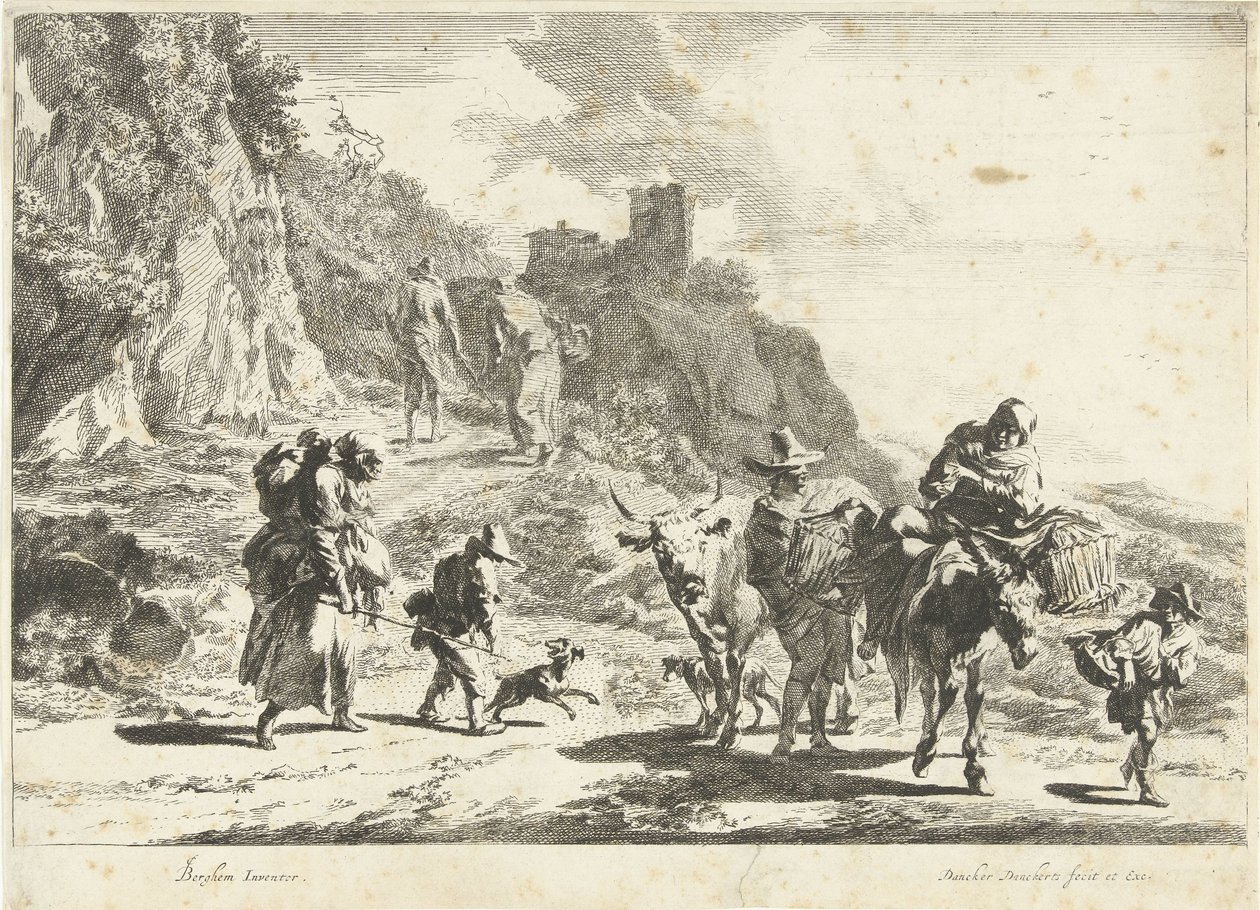 Frau auf beladenem Esel, Mann mit Kuh und andere Reisende in Berglandschaft von Dancker Danckerts