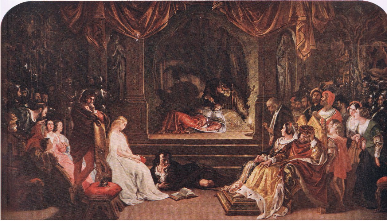 Hamlet und die Schauspieler (Hamlet) „Er vergiftet ihn im Garten für den Staat“, aus den Gesammelten Werken von William Shakespeare, veröffentlicht von J Coker & Co Ltd (Farblithographie) von Daniel Maclise