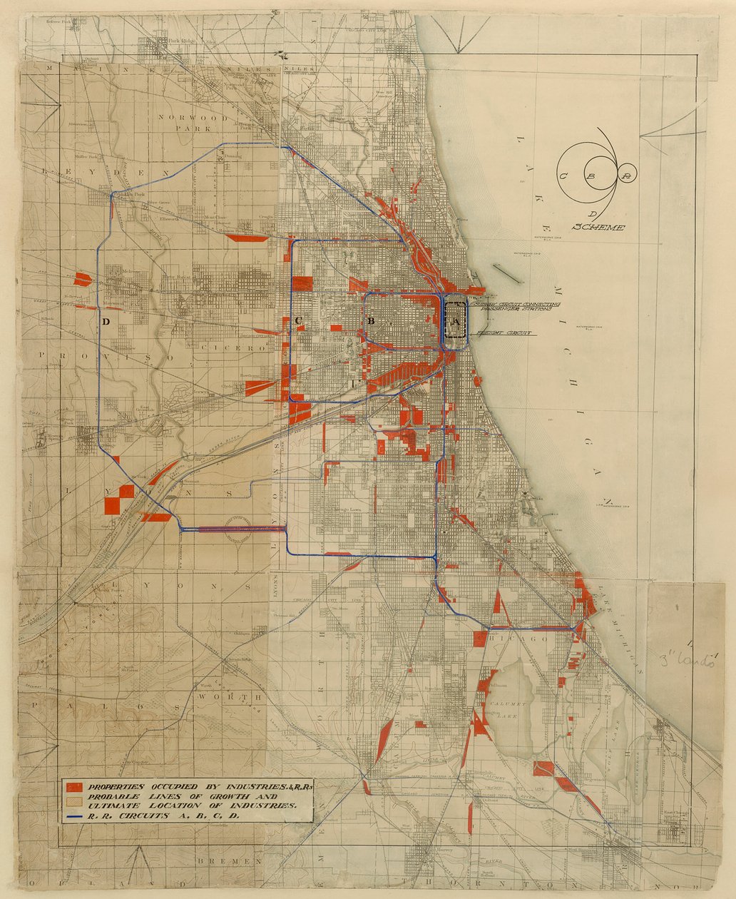 Plan von Chicago, Chicago, Illinois, Eisenbahnschaltkreise-Diagramm, 1909 von Daniel Burnham