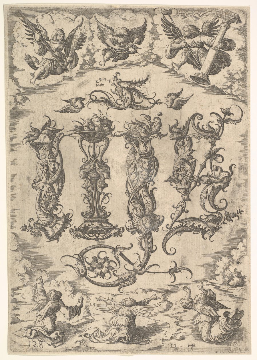 IHS-Monogramm umgeben von sechs Engeln, ca. 1485-1536 von Daniel Hopfer